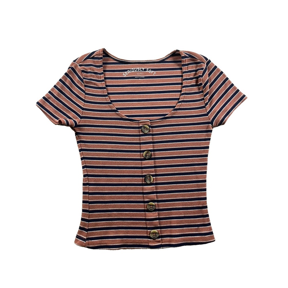 Aero Seriously Soft Womens S Striped Button Up Front TShirt Blouse Blue Pink Y2K